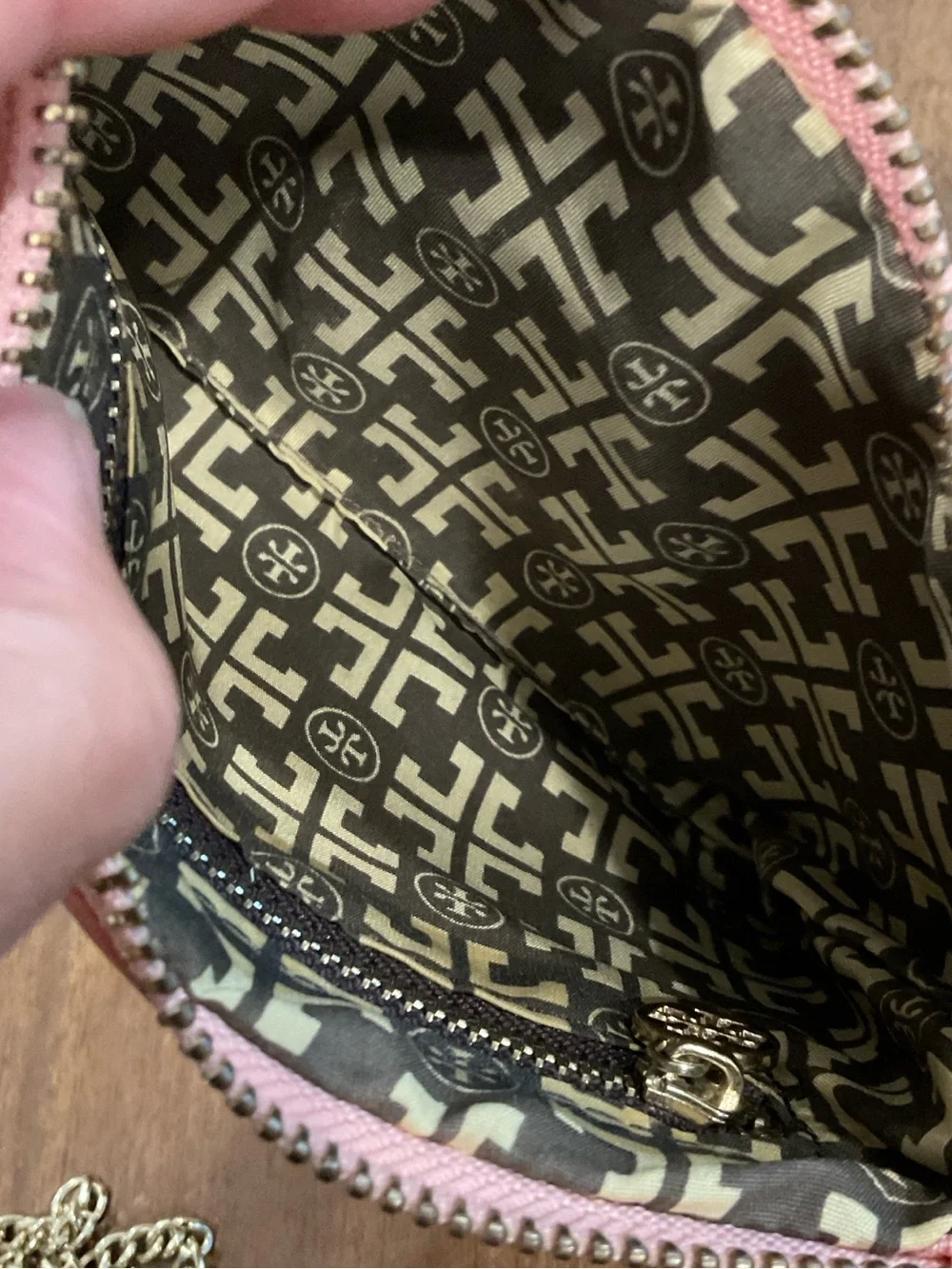 Tory Burch Pink Leather Wristlet with Gold Logo and Chain coin purse
